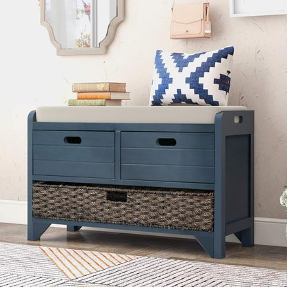 Storage Bench Removable Basket 2 Drawers Fully Assembled Acacia Wood Shoe Bench Standing Shoe Rack