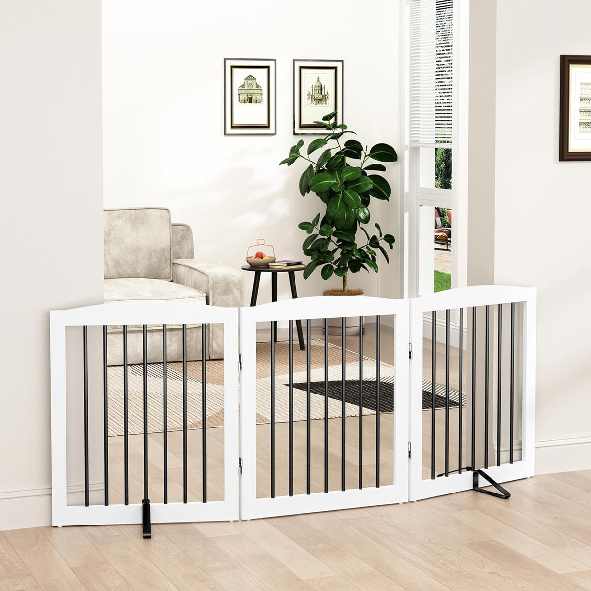 Freestanding Wooden Pet Gate for House, Foldable Indoor Dog Gate for Doorways, Stairs - 24" Height