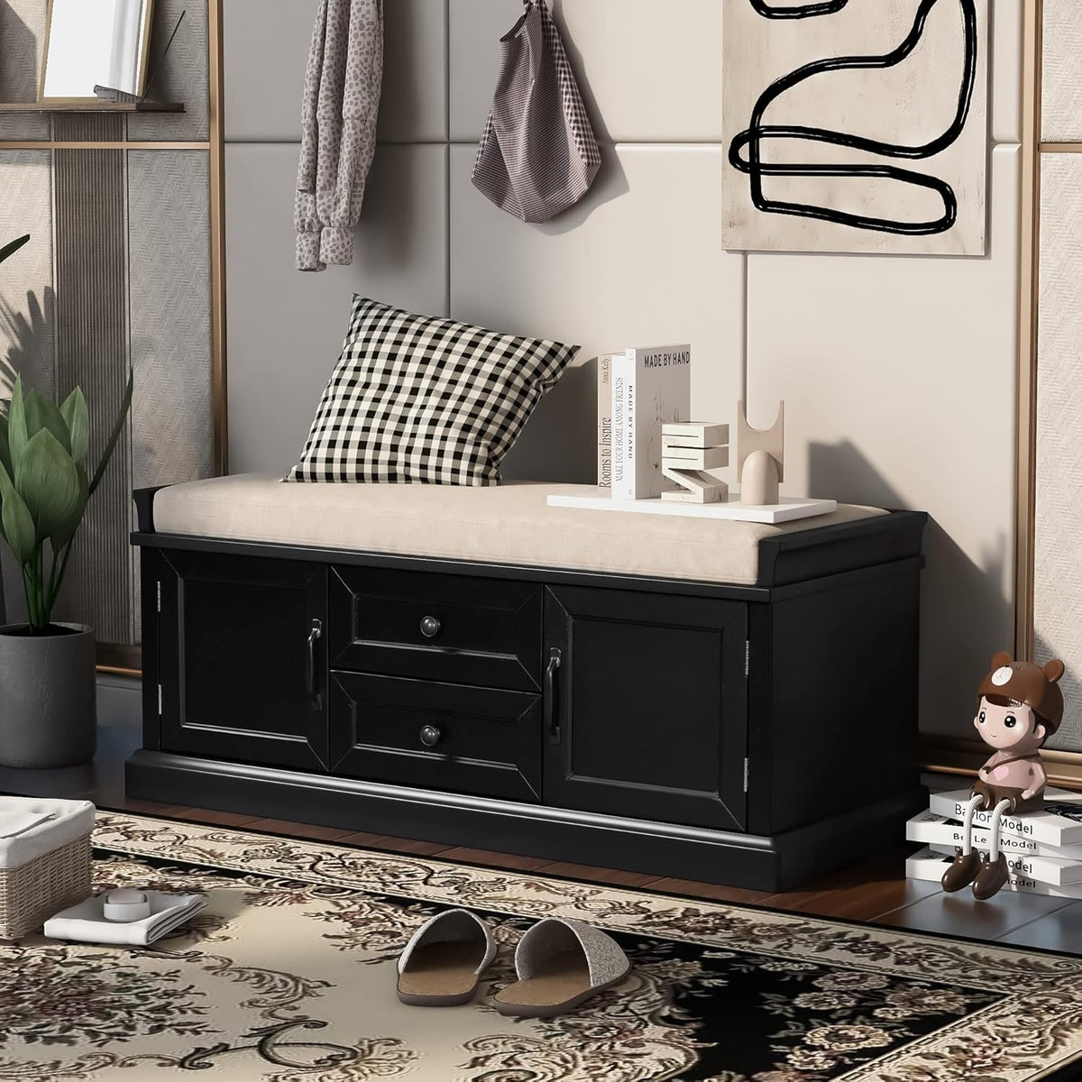 Storage Bench with 2 Drawers and 2 Cabinets, Pine Wood Shoe Bench with Removable Cushion for Living