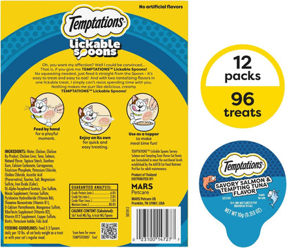 Temptations Lickable Spoons Adult Wet Cat Treat, Savory Salmon and Tempting Tuna Flavor, 8 Spoons