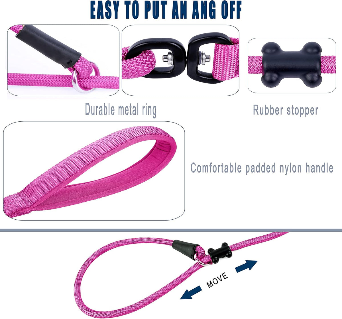 Slip Lead Dog Leash，Strong Nylon Rope Leash and Padded Handle,No Pull Outdoor Walking Training Lead