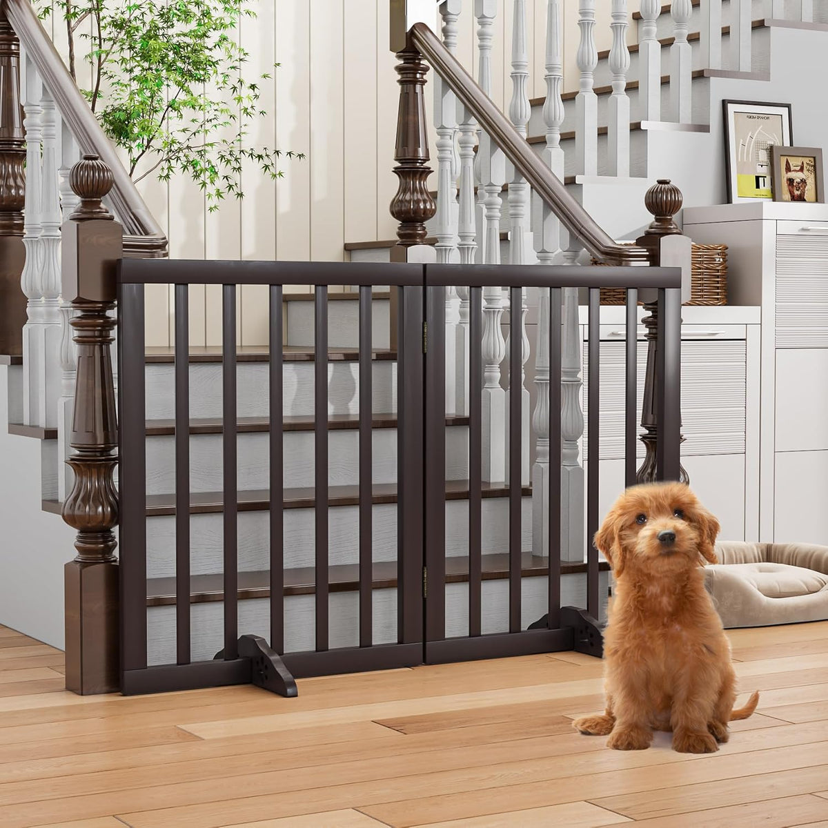 Freestanding Foldable Dog Gate 2 Panel,Fully Assembled Dog Gates for Doorways, Wooden Pet Gates for