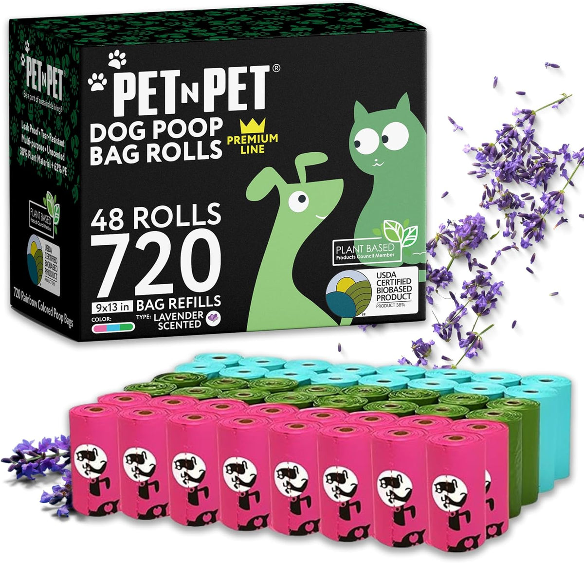 Pet N Pet 720 Counts Lavender Scented, Colorful Poop Bags for Dogs, 38% Plant Based & 62% PE Dog