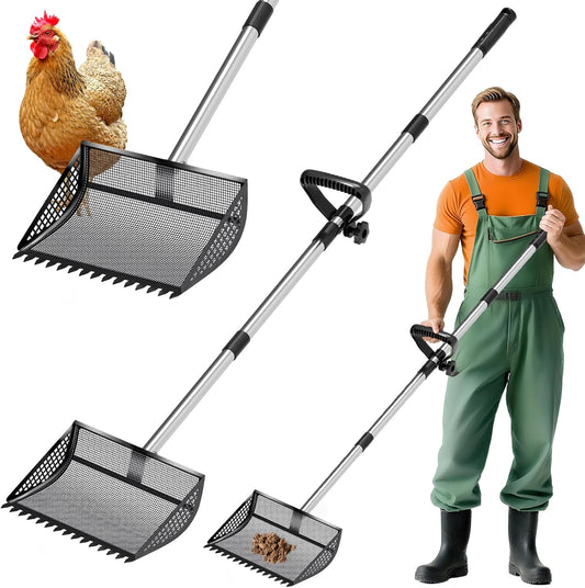 12 Inch Chicken Poop Scooper & Rake 2-in-1, Large Metal Shovel Head, Rubber Handle Stainless Steel