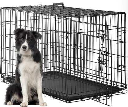 FDW Dog Crate for Large Dogs 48 Inch Folding Metal WirePet Cage Double Door W/Divider Panel Indoor