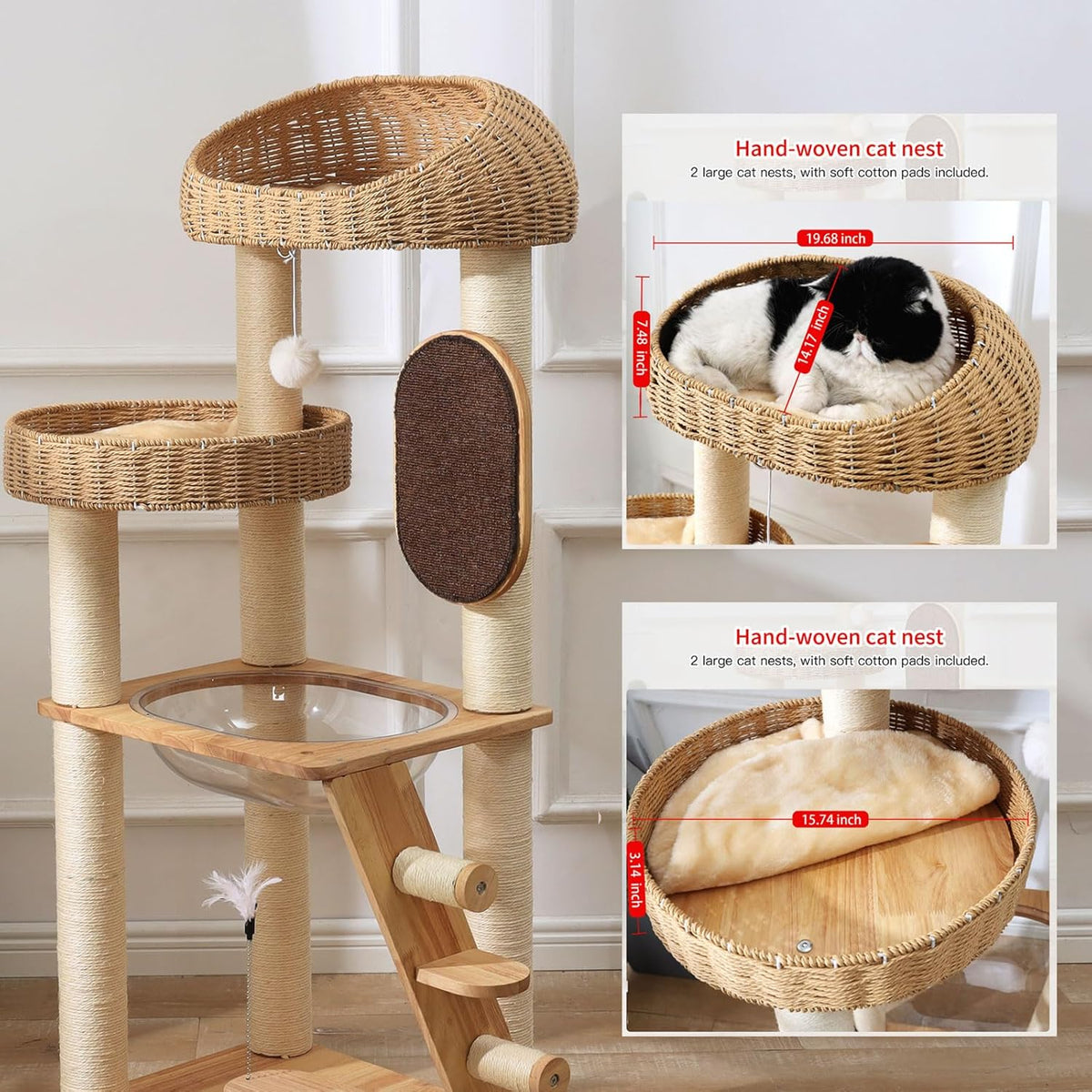 Solid Wood Cat Tree, 50 Inch Modern Cat Tower with Space Capsule, Hand-Woven Basket Nest, Sisal