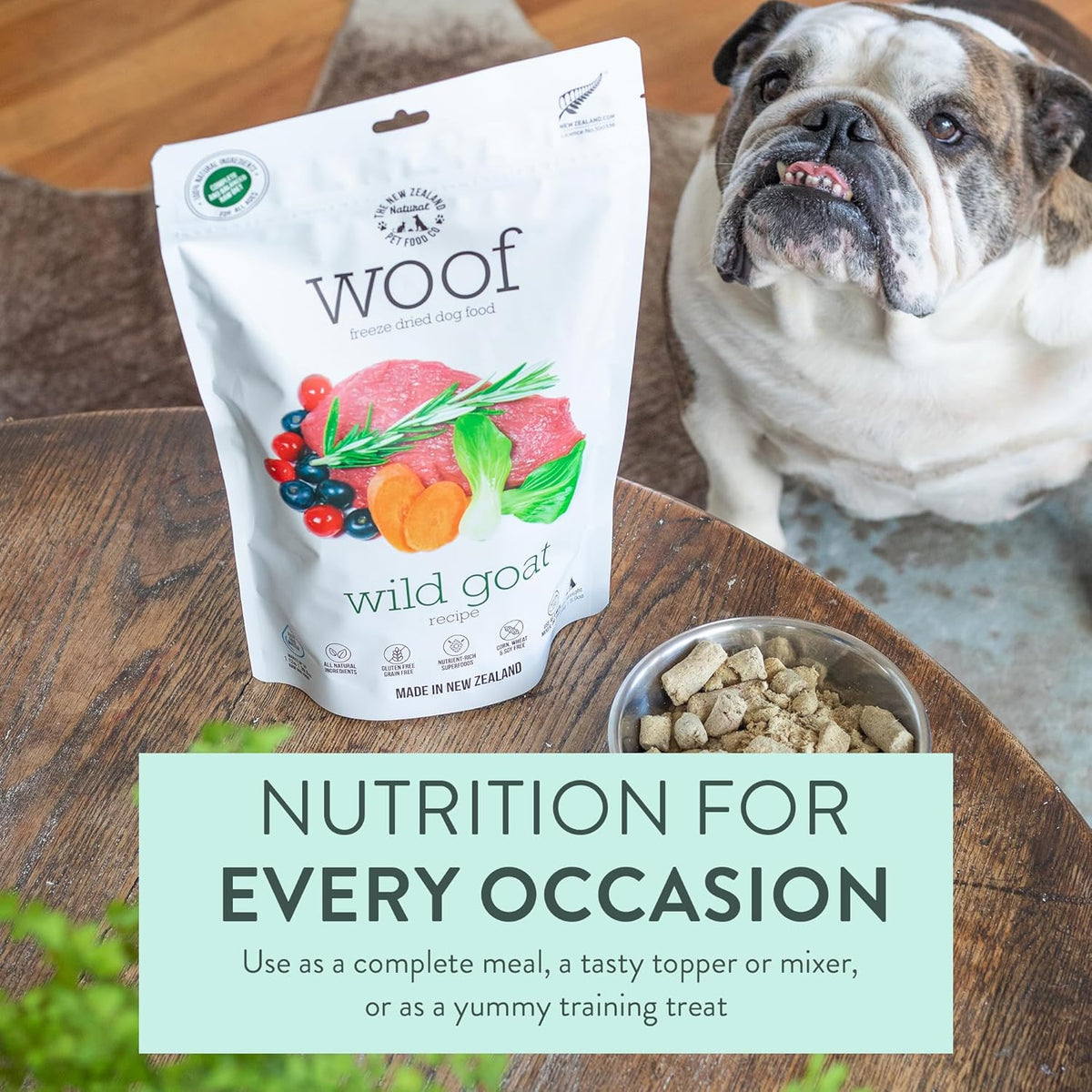 WOOF Freeze Dried Dog Food - Wild Goat Recipe, High Protein Dog Treats, Natural Dog Food Topper or