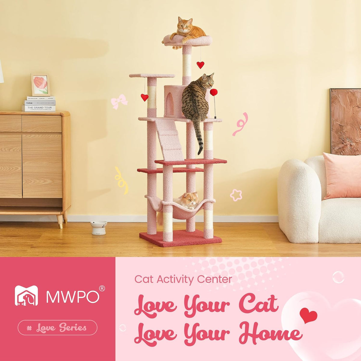 MWPO Cute Cat Tree, 63.8-Inch Pink Cat Tower for Indoor Cats, Multi-Level Cat Condo with 5