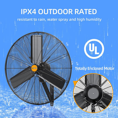 24 inch Outdoor Oscillating Wall Mounted Fan, High Velocity IPX4 Waterproof 7600 CFM Industrial