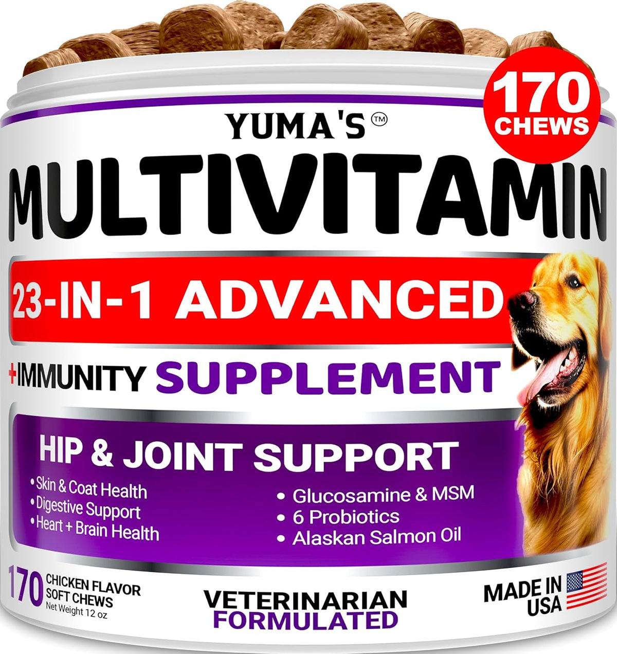Dog Multivitamin Chewable with Glucosamine - Dog Vitamins and Supplements - 170 Treats - Senior &
