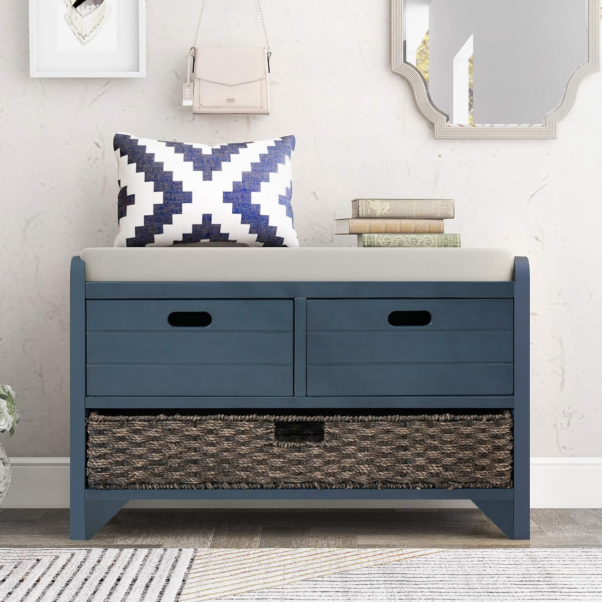 Storage Bench Removable Basket 2 Drawers Fully Assembled Acacia Wood Shoe Bench Standing Shoe Rack