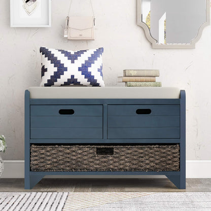 Storage Bench Removable Basket 2 Drawers Fully Assembled Acacia Wood Shoe Bench Standing Shoe Rack