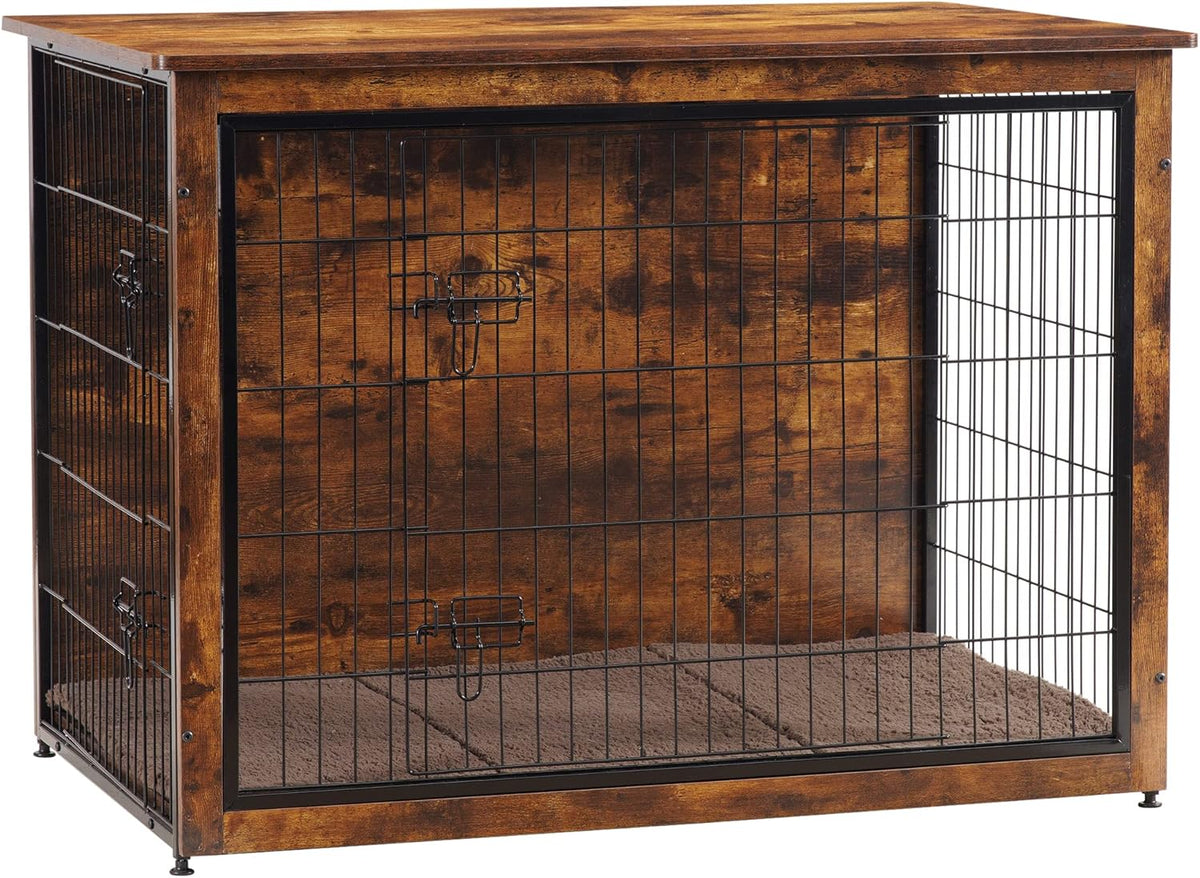 DWANTON Dog Crate Furniture with Cushion, Wooden Kennel Table with Double Doors, Indoor Dog House