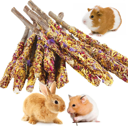 Abizoo Bunny Chew Toys for Rabbits,18PCS Natural Apple Wood Sticks with Petals Good for Chinchillas