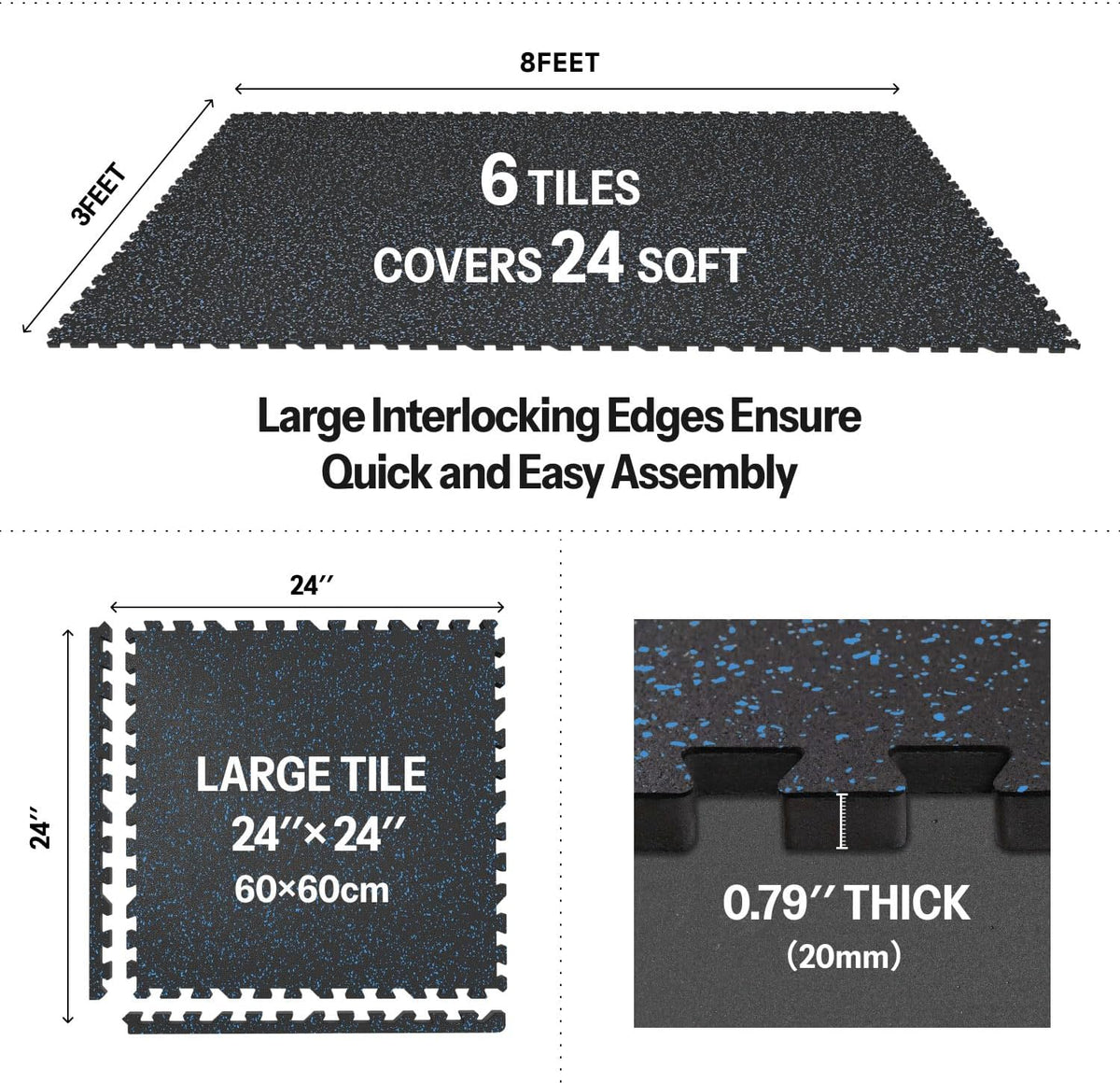 AIRHOP 0.79in Thick 24 Sq Ft Exercise Equipment Mats, 6 Tiles Upgraded Rubber Top with High Density