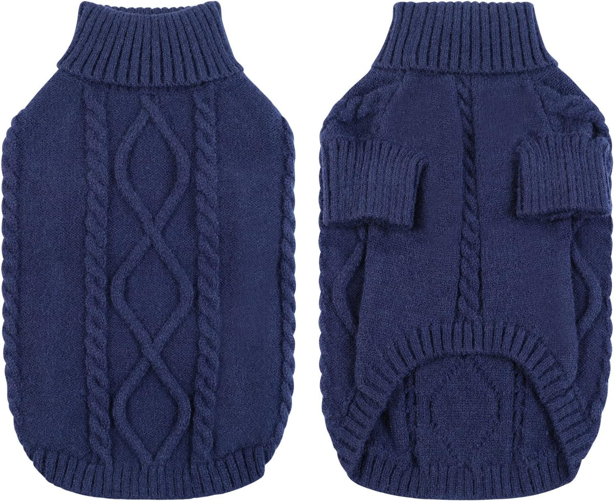 Queenmore Small Dog Pullover Sweater, Cold Weather Cable Knitwear, Classic Turtleneck Thick Warm