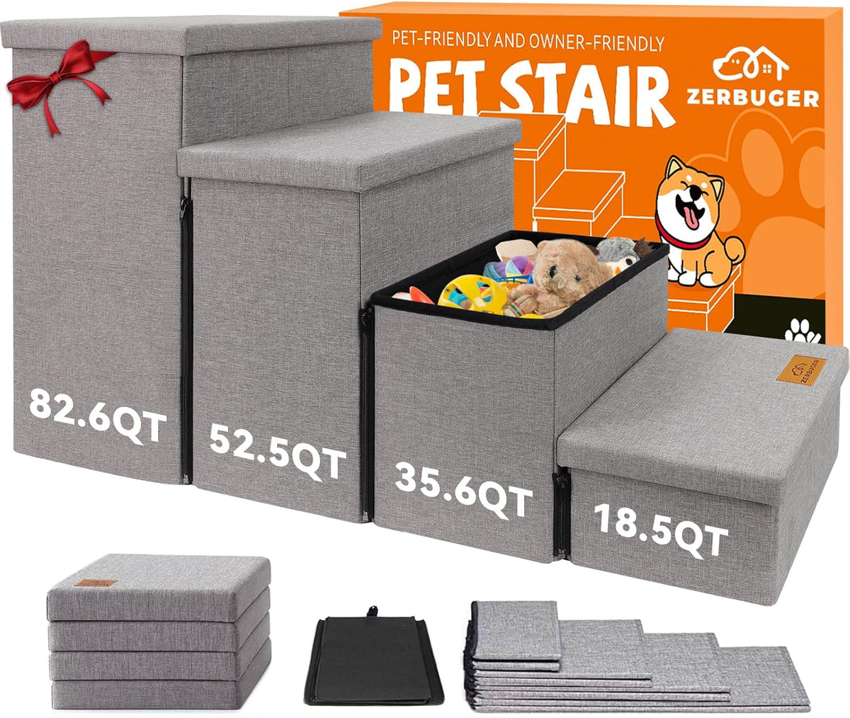 Dog Stairs with Storage 23" H, 4-Step Wider Dog Steps for High Beds Window, Folding Sturdy Pet