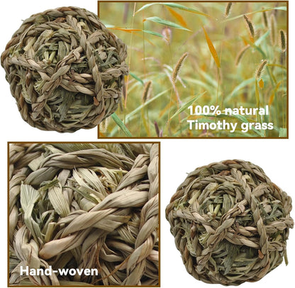 Rabbit Timothy Grass Ball 6 Pcs,Natural Bunny Grass Ball Timothy Hand Woven Chew Toys Small Animals