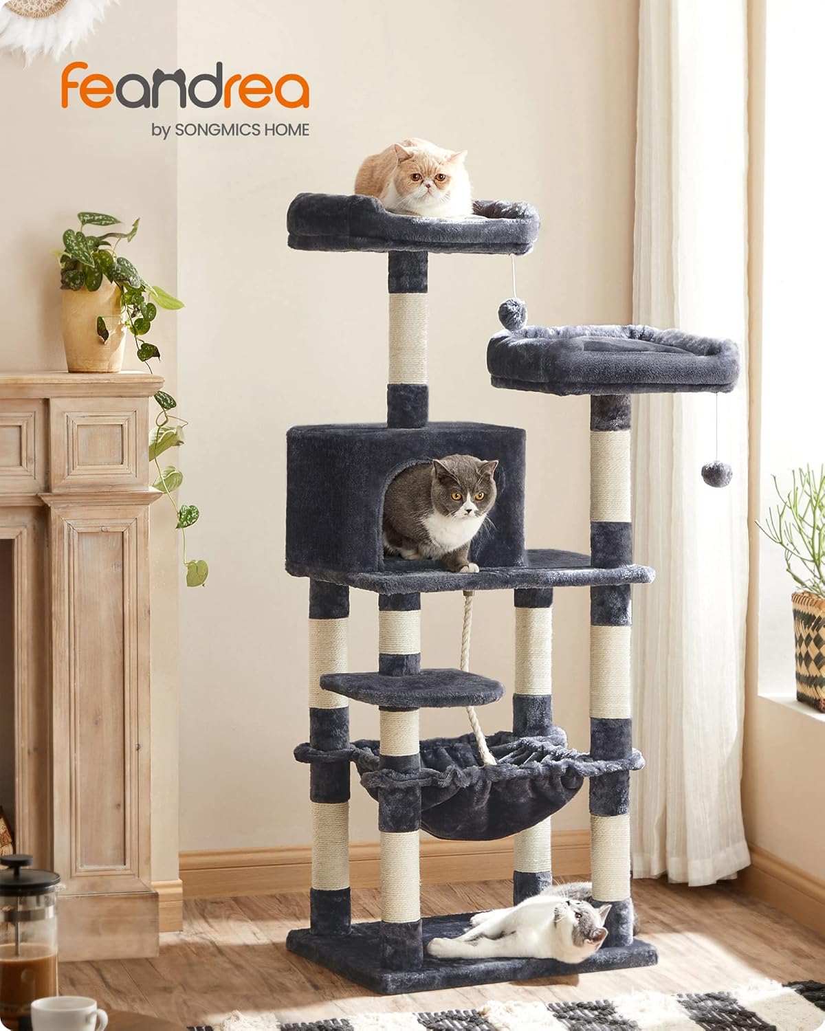 FEANDREA Cat Tree, Cat Tower for Indoor Cats, 56.3-Inch Cat Condo with Scratching Posts, Hammock