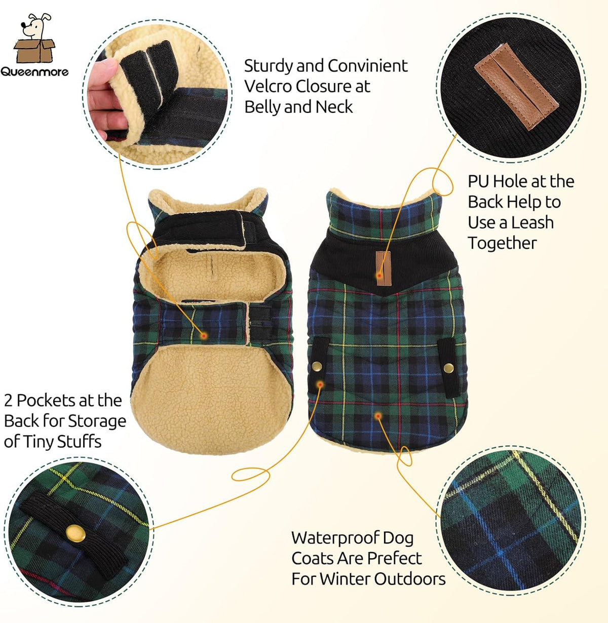Queenmore Dog Winter Coat Warm Dog Jacket for Cold Weather, Quilting Puffer Plaid Coats for