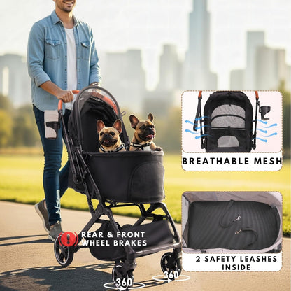 Pet Stroller for Small Medium Dogs Cats Up to 45 lbs, Travel Lite Collapsible, All Terrain 4 Wheels
