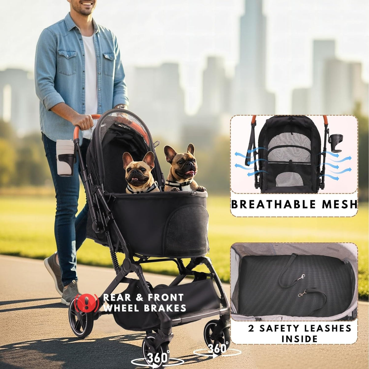 Pet Stroller for Small Medium Dogs Cats Up to 45 lbs, Travel Lite Collapsible, All Terrain 4 Wheels
