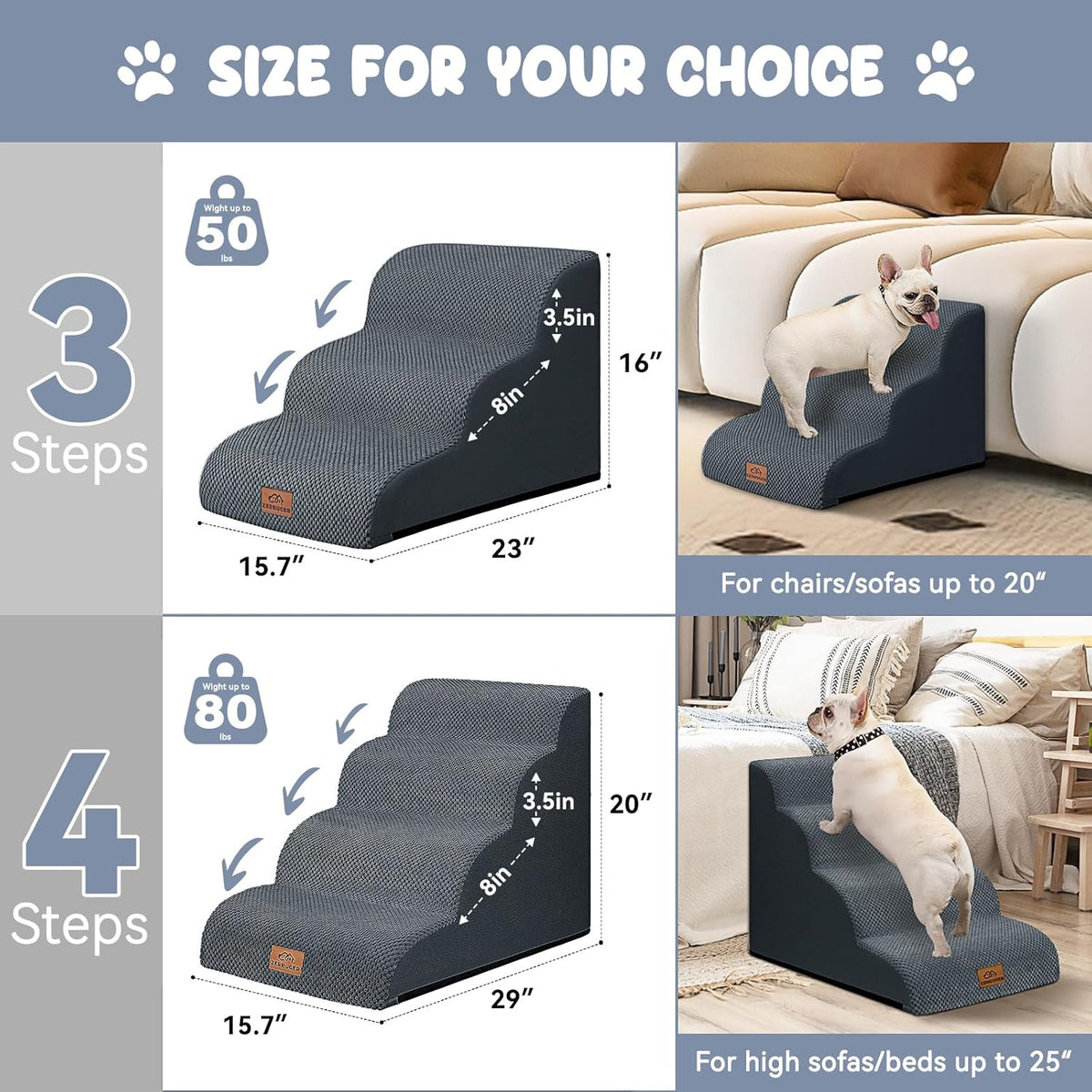 Dog Ramp and Stair for Bed 16" H-20 H,3-Step Cat Stair for Sofa and Chair,4-Step Dog Ramp for High