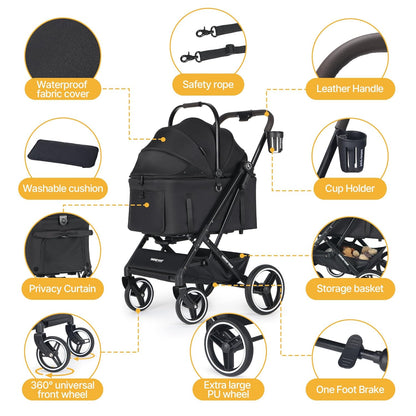 X3 2 in 1 Pet Stroller for Medium or Two Small Dogs & Cats 4 Wheels Lightweight Foldable Carrier