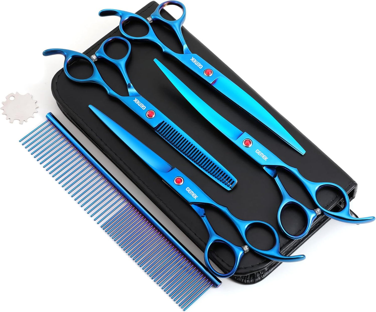 7.0in Titanium Professional Pet Grooming Scissors Set, GEMEK 6 in 1 Straight & Thinning & Upwards