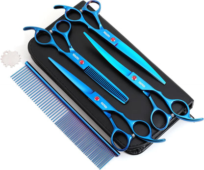 7.0in Titanium Professional Pet Grooming Scissors Set, GEMEK 6 in 1 Straight & Thinning & Upwards