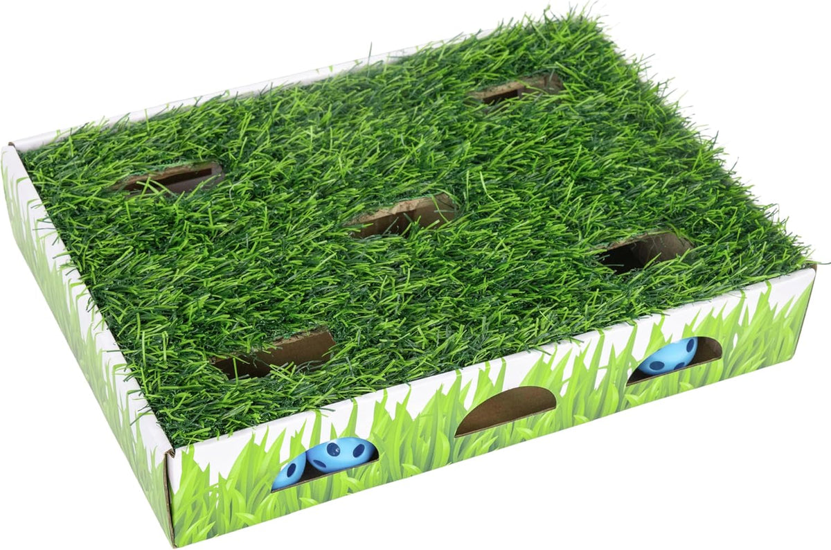 Catstages Grass Patch Hunting Box Interactive Bat & Swat Game for Indoor Cats, 3 Jingle Balls