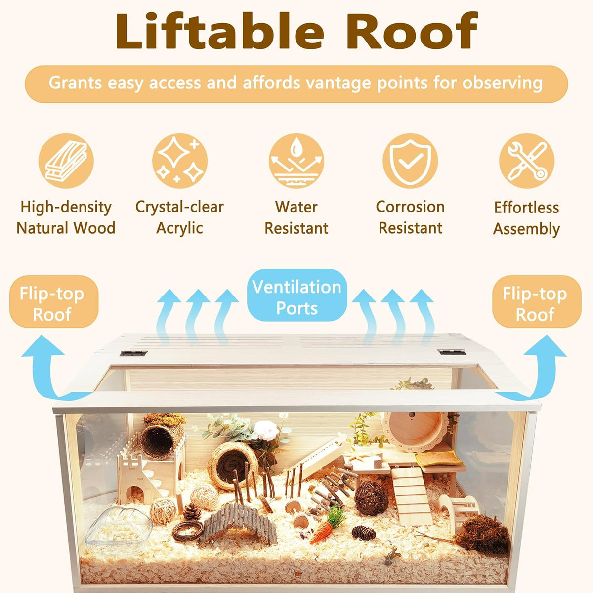 Prolee Hamster Cage Wooden Chew Proof, Extra Large Mice and Rat Habitat Openable Top with Acrylic