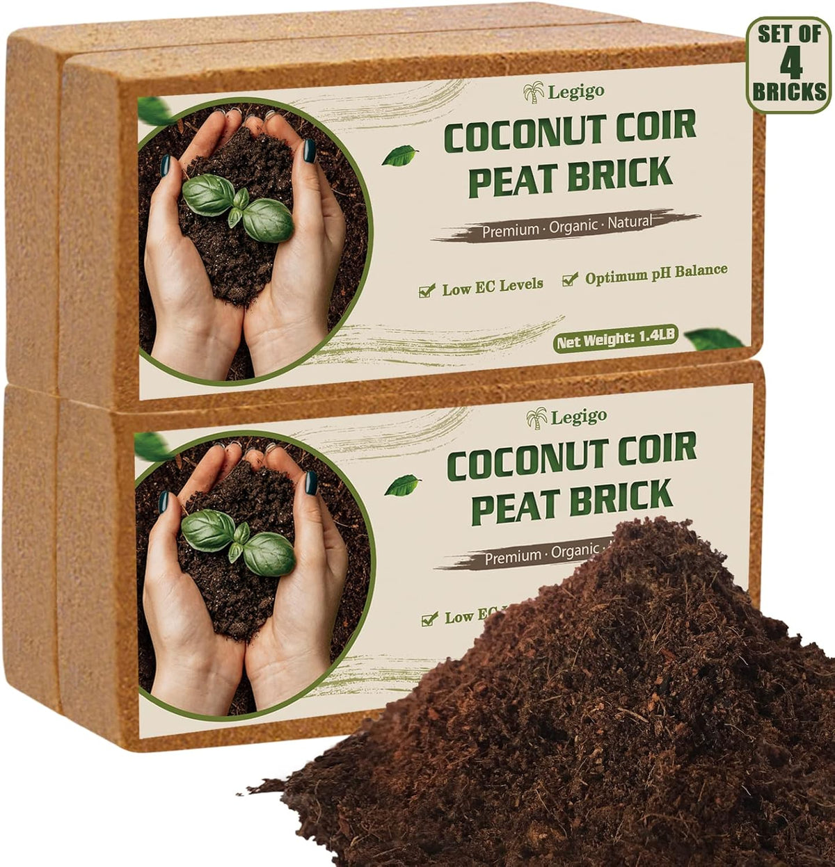 Legigo 4 Pack Premium Coco Coir Brick for Plants- 100% Organic Compressed Coconut Coir Bricks