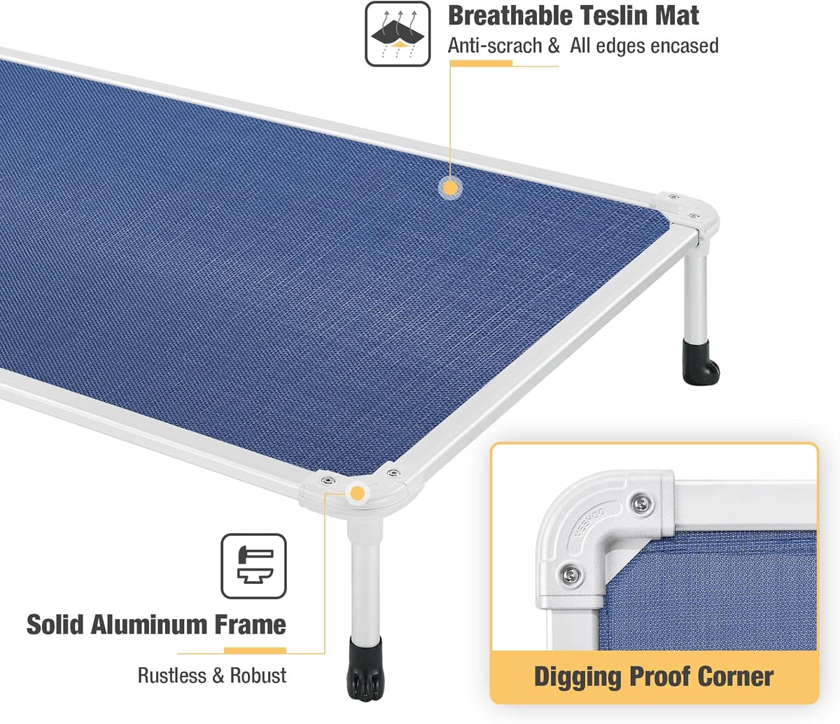 Veehoo Chew Proof Elevated Dog Bed - Cooling Raised Pet Cot - Silver Aluminum Frame and Durable