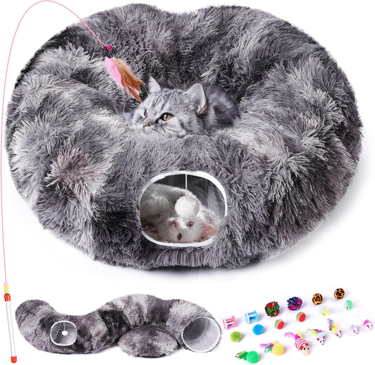 Odoland Cat Tunnels for Indoor Cats with Fluffy Plush Central Cat Couch and 20 Cat Toys, Tunnel Bed