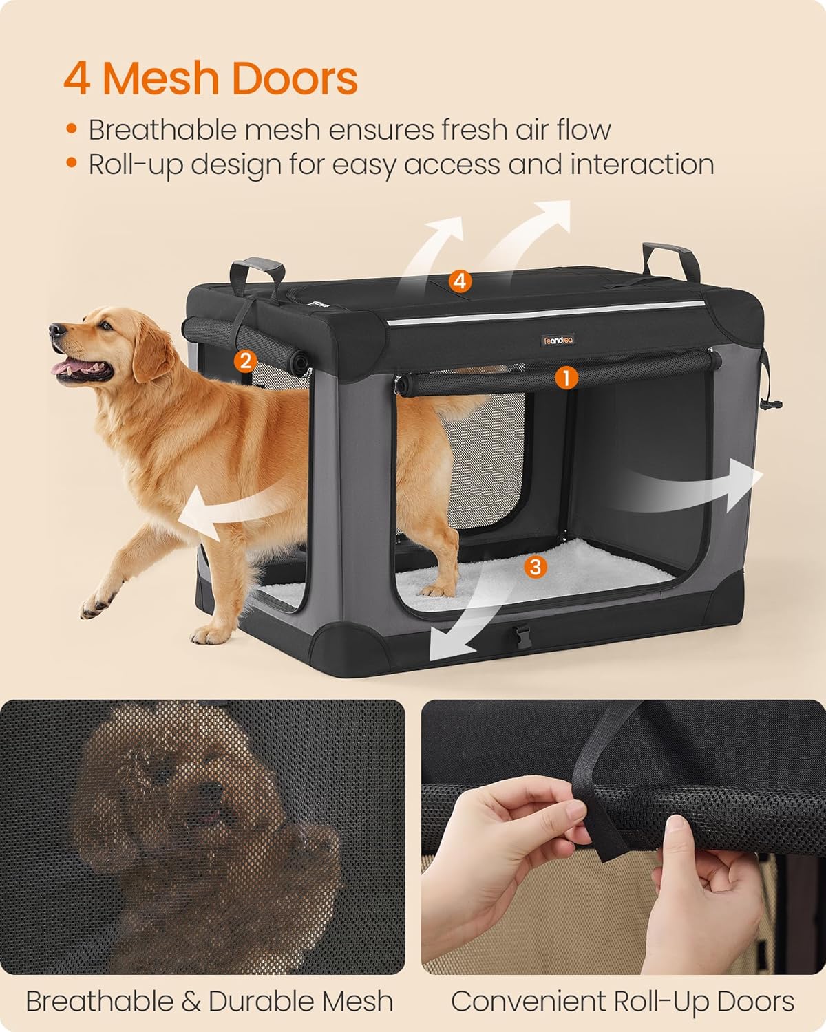 Feandrea Collapsible Dog Crate, 36-Inch Portable Dog Travel Crate for Large Dogs, Oxford Fabric Pet