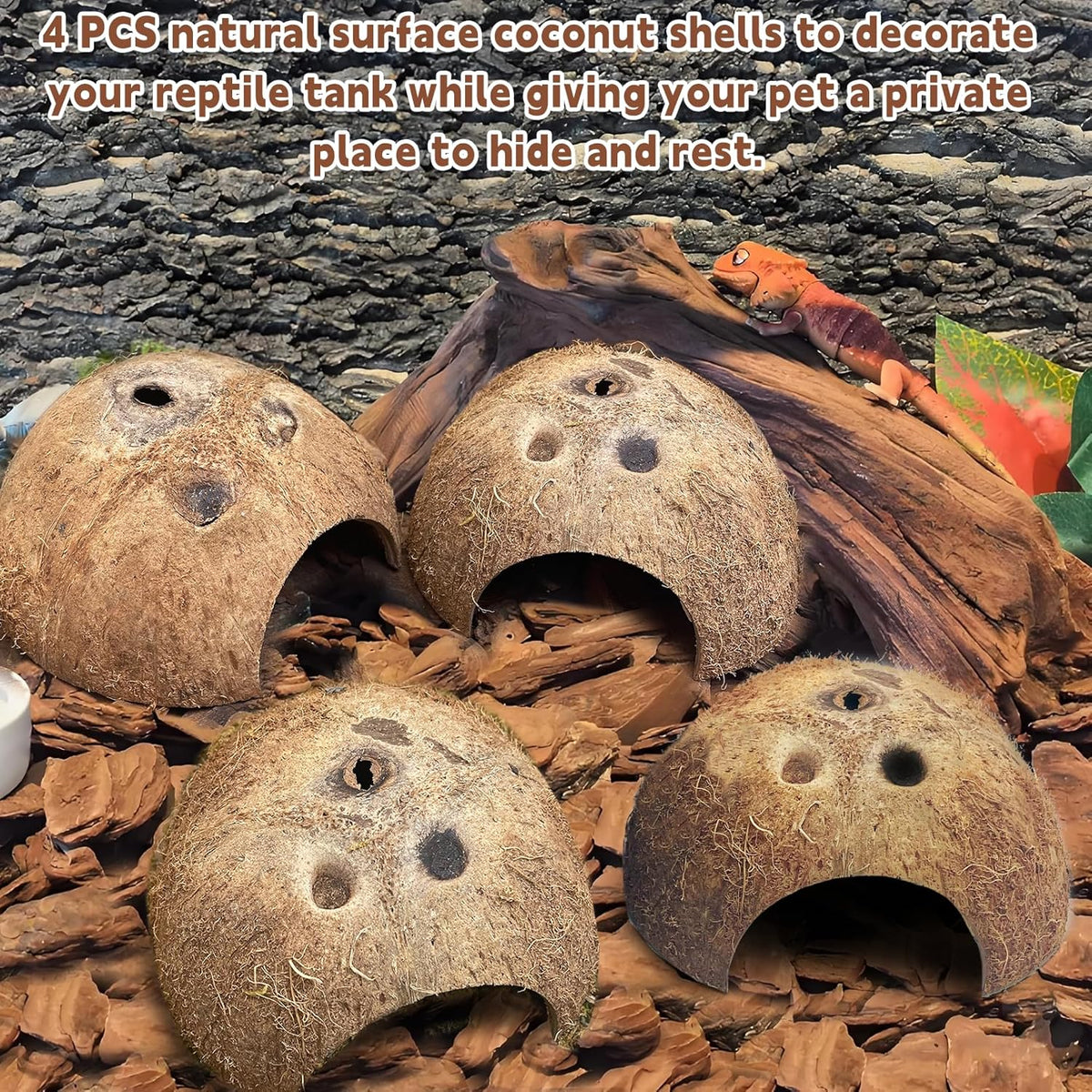PINVNBY Natural Coconut Reptile Hideouts Lizard, Coco Hut Hermit Crab Hut Aquarium Fish Hide Cave