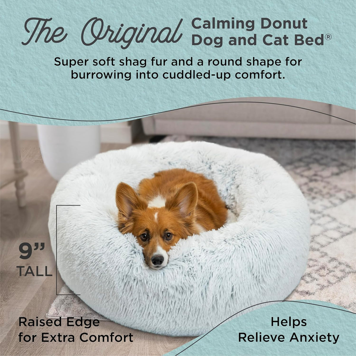 Best Friends by Sheri Original Calming Donut Dog and Cat Bed, Shag Faux Fur, Frost Gray, (30in x
