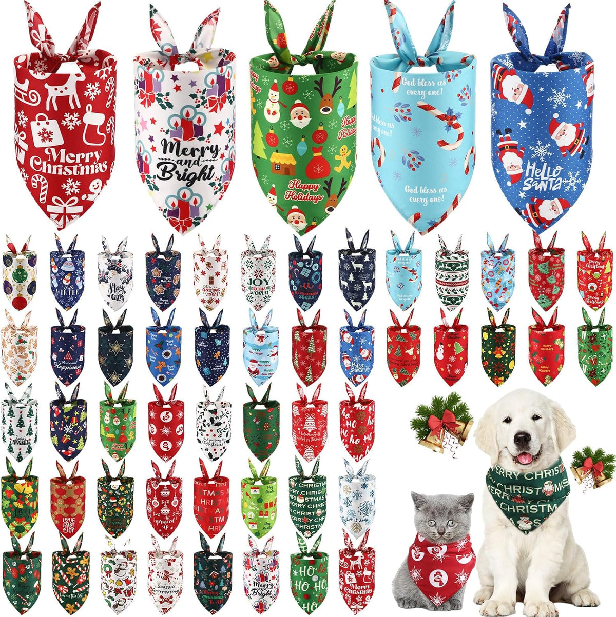 Abbylike 50 Pcs Christmas Dog Bandanas Bulk Pet Scarfs Triangle Bibs Adjustable Washable Puppy