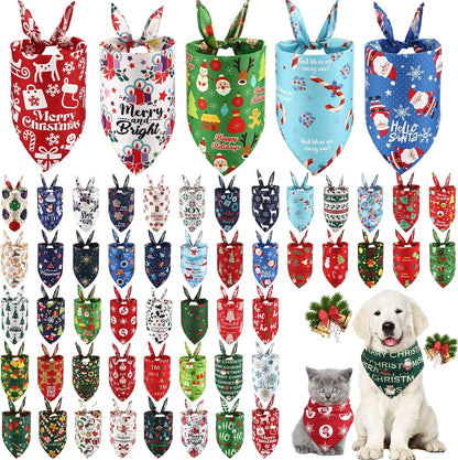 Abbylike 50 Pcs Christmas Dog Bandanas Bulk Pet Scarfs Triangle Bibs Adjustable Washable Puppy