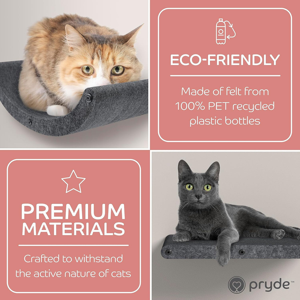 Wall Mounted Cat Steps Short Shelves (2) by Pryde Pets - Stairs for Walkways, 100% Sustainable PET