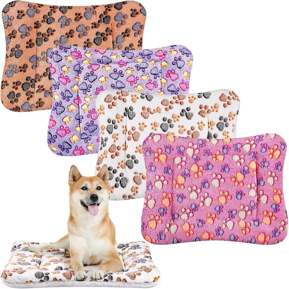 4 Pack Ultra Soft Dog Cat Bed Mat with Cute Prints Reversible Fleece Dog Crate Kennel Pad Cozy