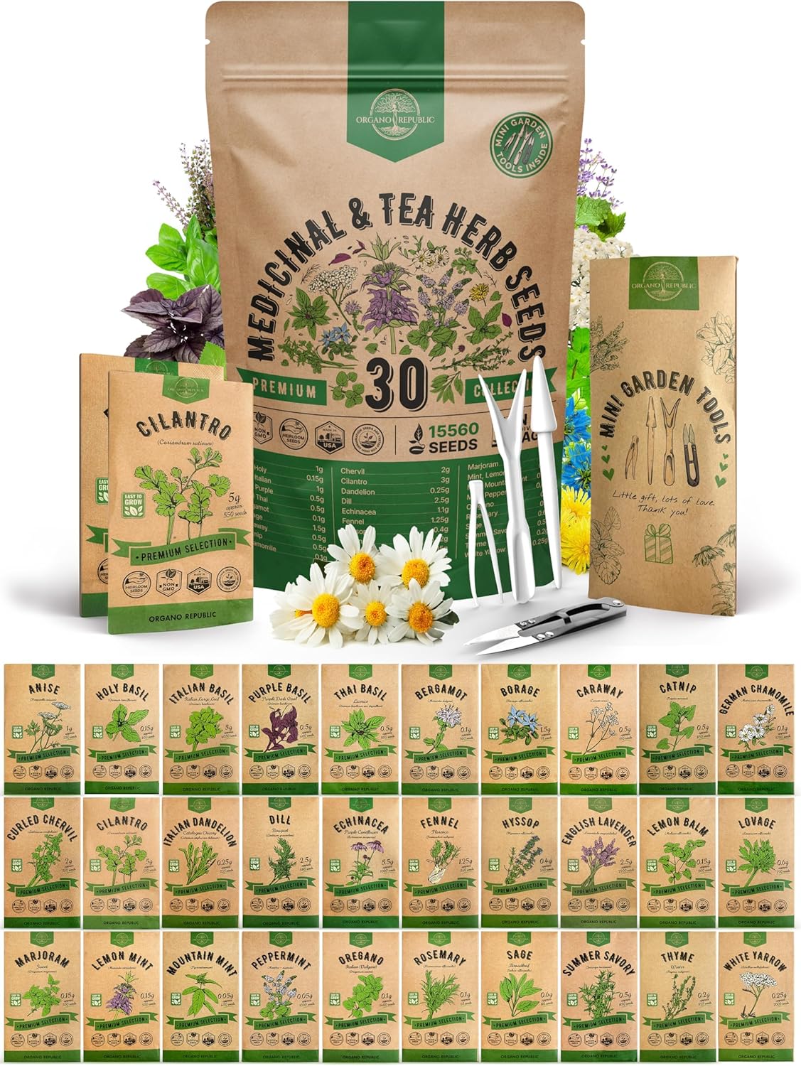Organo Republic 30 Medicinal & Tea Herb Seeds Variety Pack 15,560+ Non-GMO Heirloom Garden Seeds