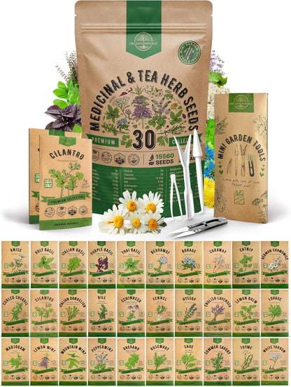 Organo Republic 30 Medicinal & Tea Herb Seeds Variety Pack 15,560+ Non-GMO Heirloom Garden Seeds