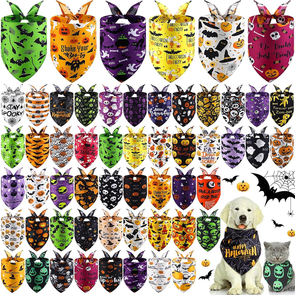 Abbylike 50 Pcs Halloween Dog Bandanas Bulk Pet Scarfs Triangle Bibs Adjustable Washable Puppy