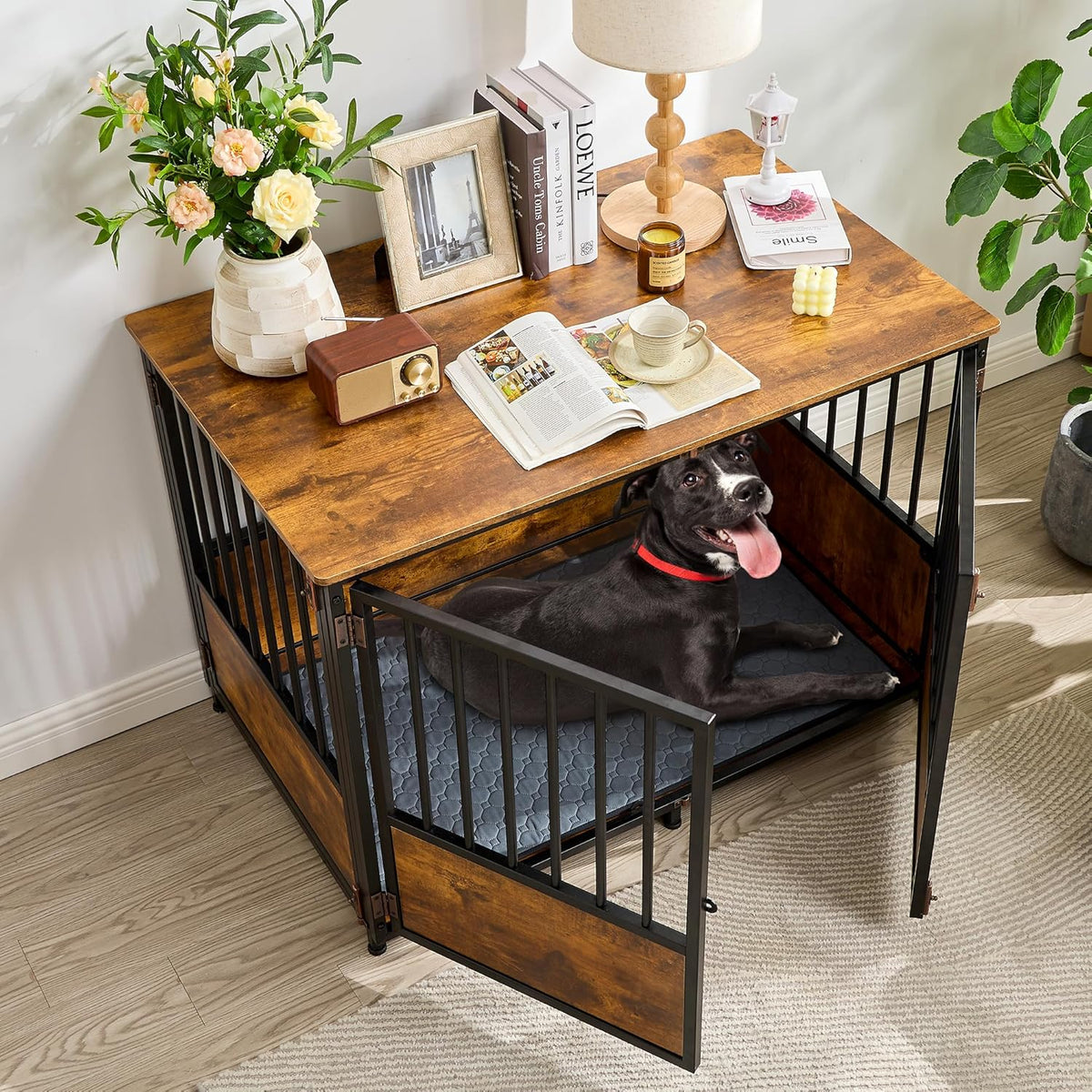 KOOPRO 43.7" Inch Dog Crate Furniture with Cushion for Large Dogs, Wooden Heavy Duty Dog Kennel
