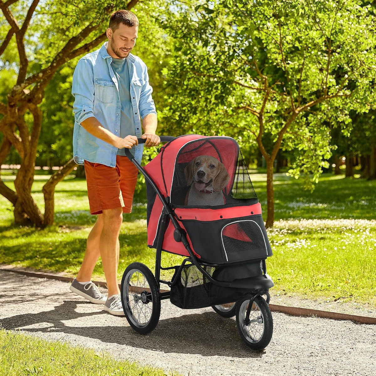PawHut 3 Wheels Pet Stroller for Small and Medium Dogs, Foldable Cat Stroller Jogger with
