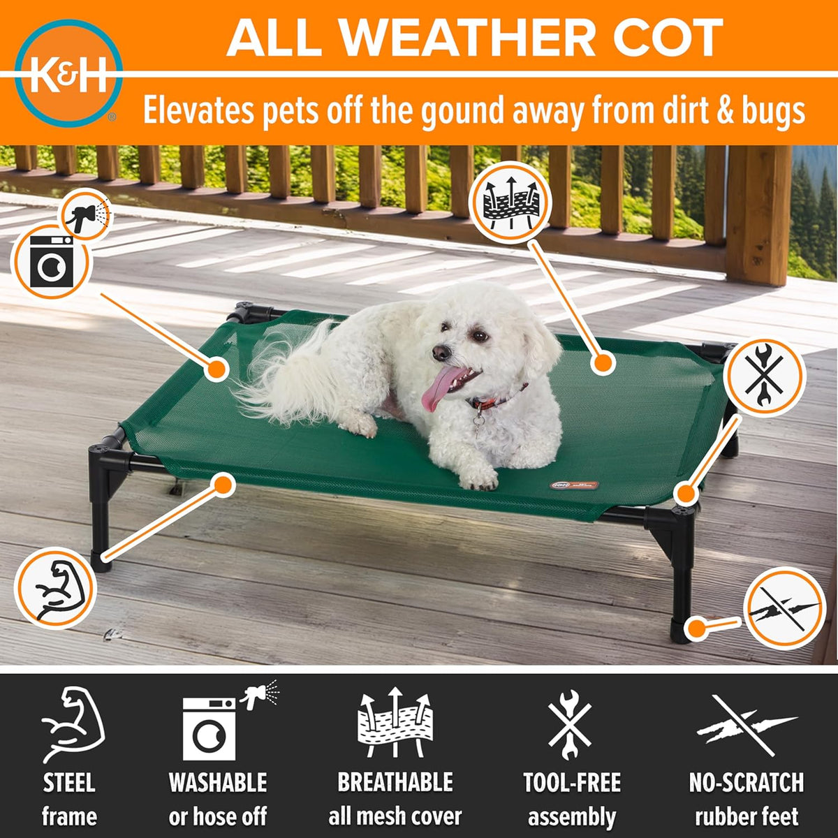 K&H Pet Products Outdoor Elevated Dog Cot, Cooling Raised Bed with Waterproof Breathable Mesh for
