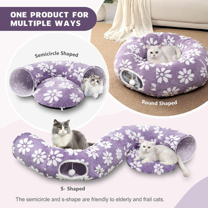 Cat Tunnel for Indoor Cats, Cute Peekaboo Cat Cave with Dangling Balls, Pet Donut Tunnel Bed with