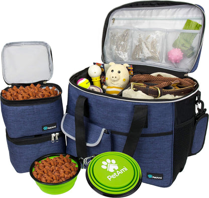 PetAmi Dog Travel Bag - Travel Pet Organizer with Food Container and Bowls, Perfect for Weekend